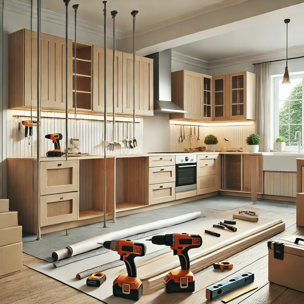 DALL·E 2024-10-18 08.22.47 - A kitchen installation in progress without any people. The scene shows wooden cabinets and countertops being installed, with tools like cordless drill